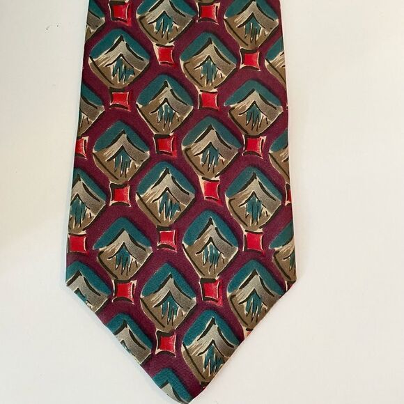 Vintage Oleg Cassini Silk Tie Red + Green Abstract Geometric Design - Picture 1 of 4